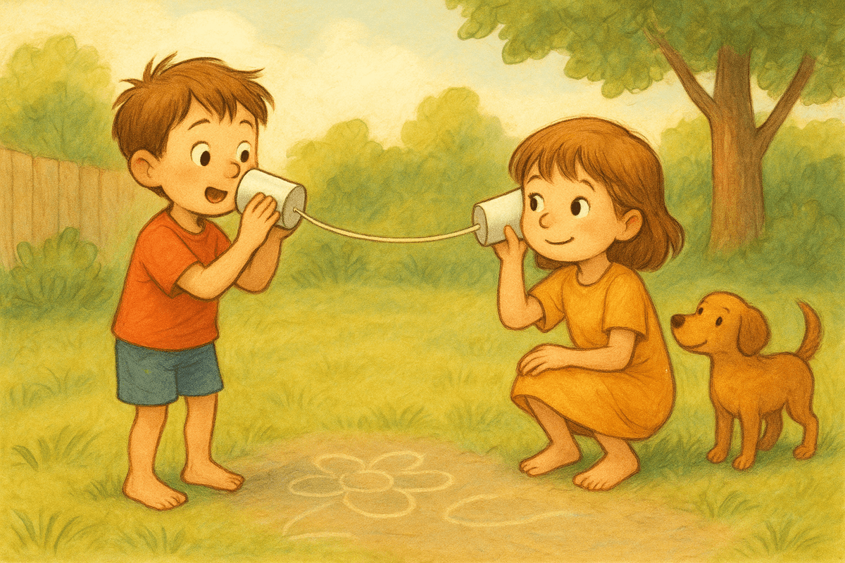 Kids talking over paper cup phones - staying connected the old-fashioned way
